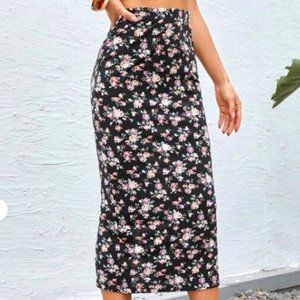 Midi Black Floral Print Skirt